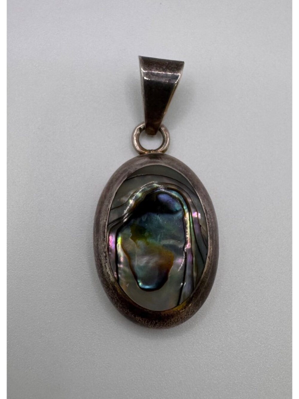 Vintage Mexico 925 Sterling Silver Abalone Shell Inlay Oval Pendant Large